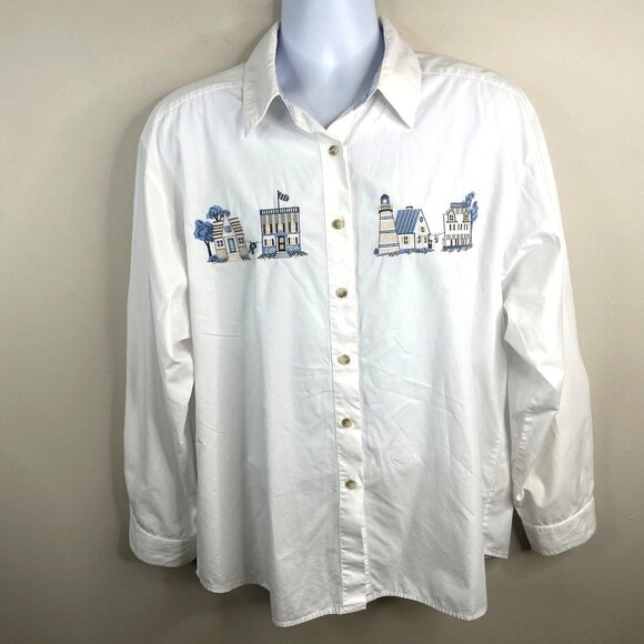 Vintage Womens Coastal Seaside Nantucket Button Up Top 16 Embroidered Lighthouse - Picture 1 of 10